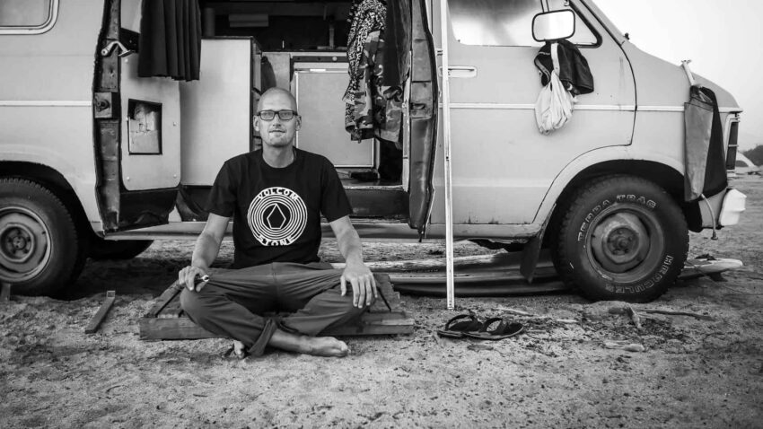 Christian Köhlert in front of his van at San Pedrito Beach